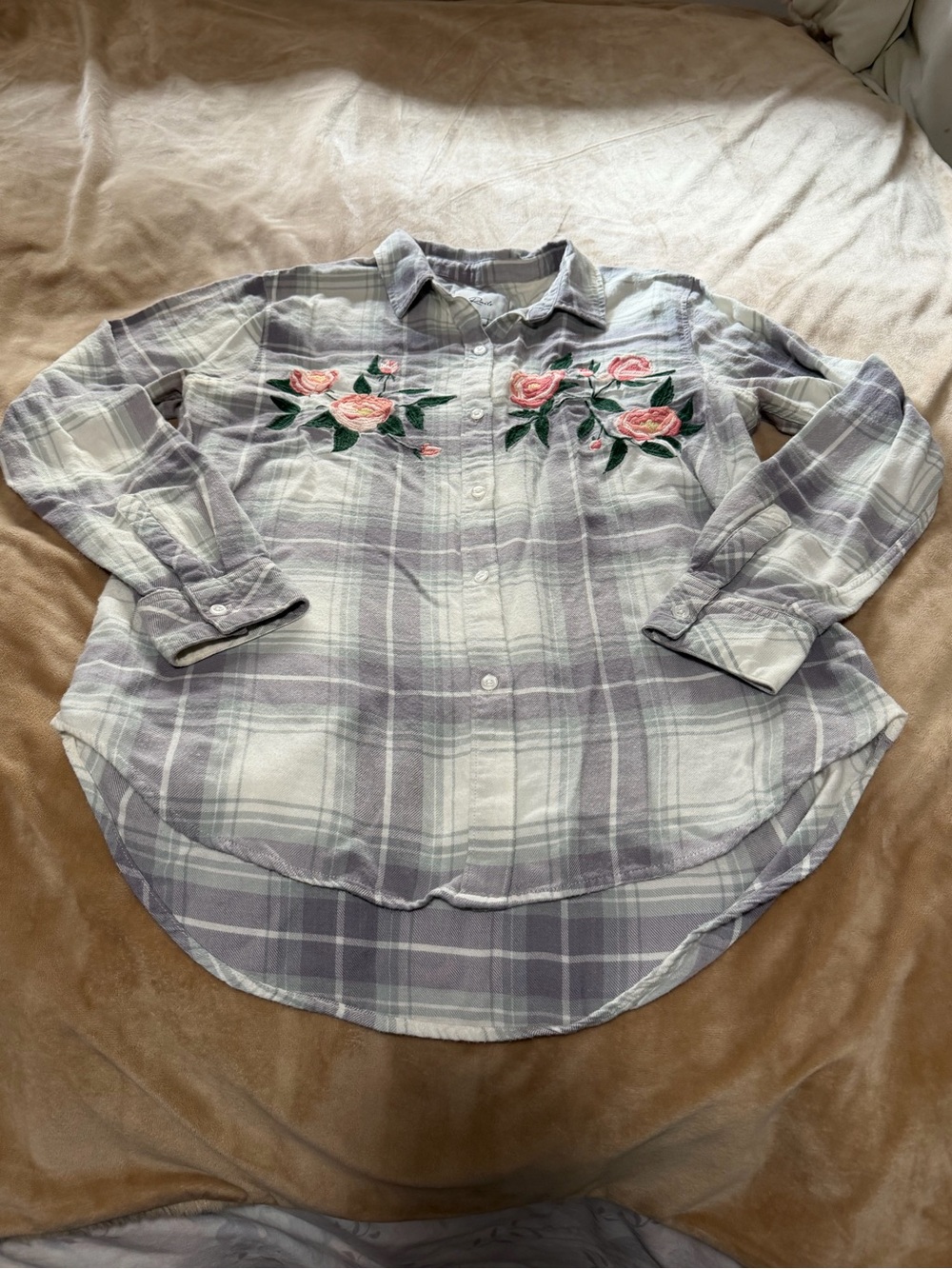 Rails Milo White Mist Lavender Plaid Button-Down Shirt with Rose Embroidery Med